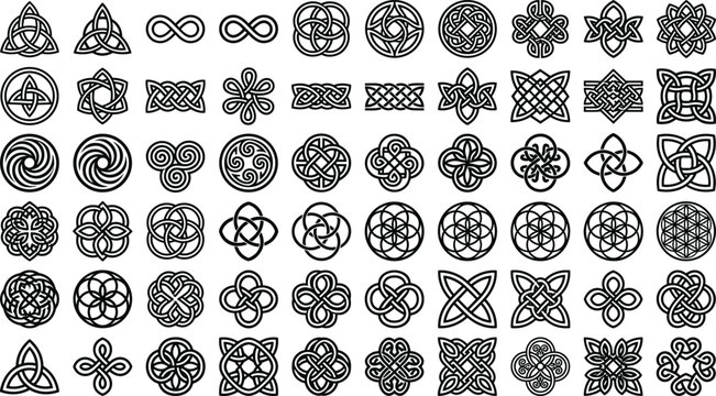 Celtic knot vector elements set with sacred geometry icons mystic trinity infinity symbols and traditional irish tribal patterns