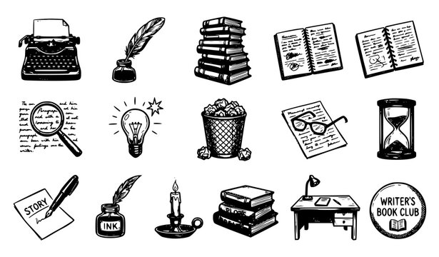 Book writer doodle icons set with hand drawn author tools writing equipment and novel publishing vector symbols