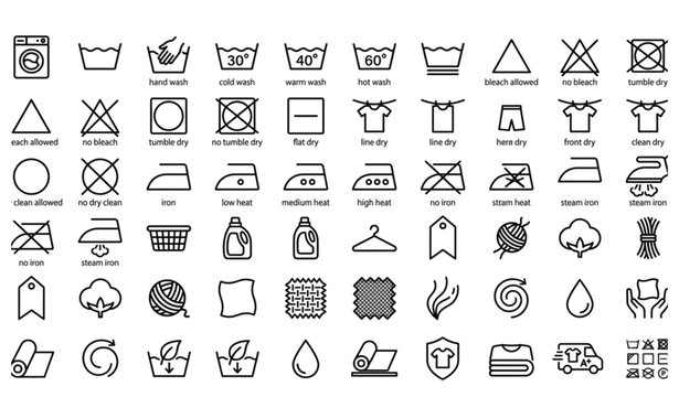 Modern Laundry Care Icon Pack Featuring Washing Labels Ironing Drying Textile and Fabric Symbols Vector