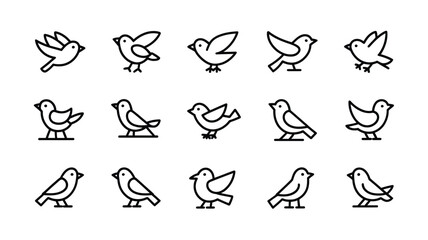 Fototapeta premium Set of fifteen small bird outline icons featuring various poses of flying and standing birds for modern web design vector.