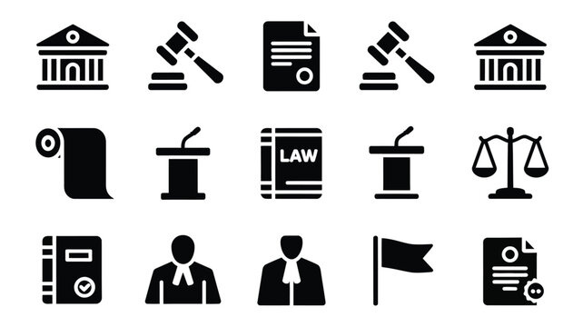 Set of fifteen solid legal and justice system icons featuring courthouse, gavel, law book, judge, and scales, vector illustration.