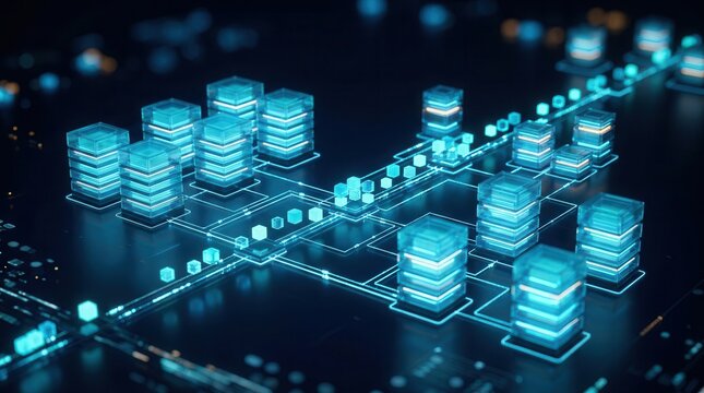A visualization of database migration through glowing server stacks and connected digital links.