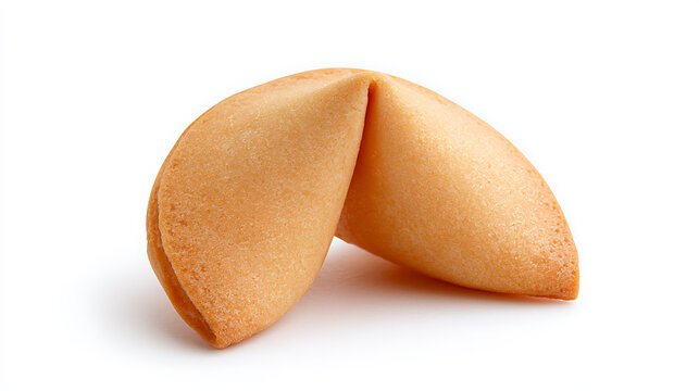 Single golden dessert cookie known for hidden messages, crisp texture, and unique folded shape, isolated on a clean white background