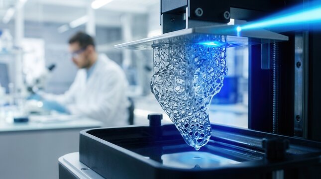 A transparent lattice-structured orthopedic implant prototype undergoes stereolithography 3D printing within a medical research facility.