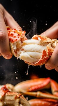 Hands cracking open fresh crab meat.