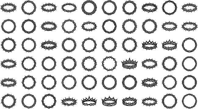 Christian religion crown of thorns linear icons collection with circular spiky borders easter passion symbols for graphic design vectors