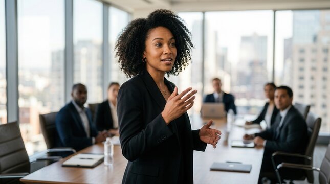 Successful businesswoman presenting corporate ideas and strategic growth plans in a professional boardroom setting.