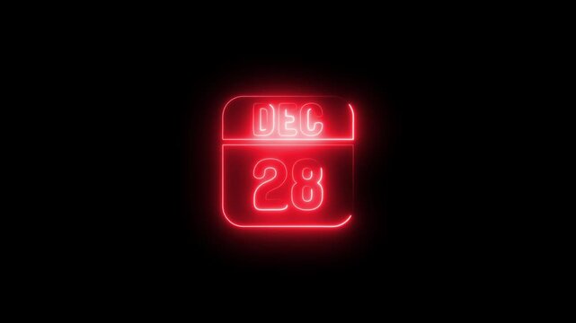 Glowing neon calendar displaying december 28th date 4k animation video on black background 