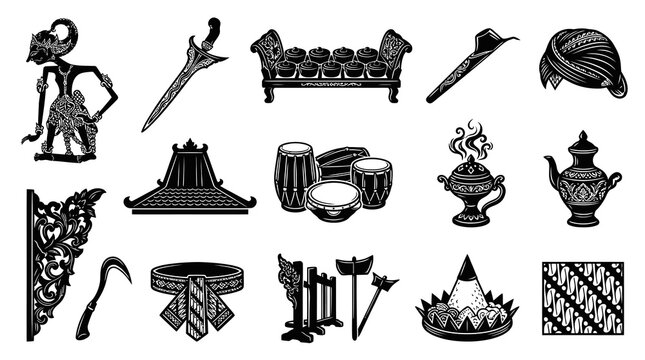 Traditional Indonesian Cultural Icons: Wayang, Kris, Gamelan, Batik, and More - Black and White Line Art