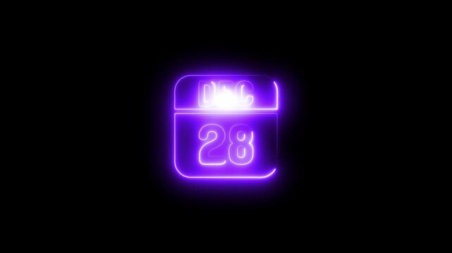 Glowing neon calendar displaying december 28th date 4k animation video on black background 