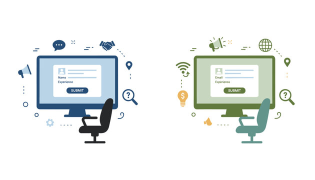 Dual comparison of registration form interfaces on computer screens with office chairs in flat vector style.