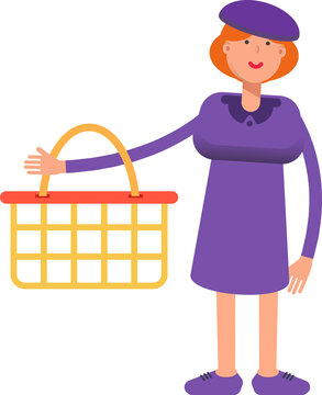 Girl in Violet Dress Character Holding Shopping Basket
