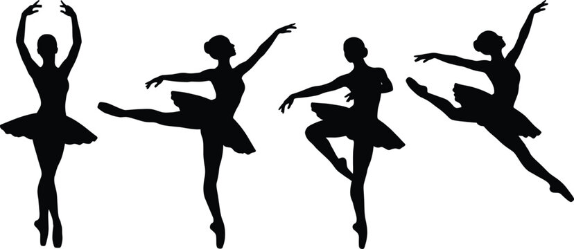 Beautiful ballerina silhouette set vector illustration, graceful ballet dancers posing, tutu, jumping