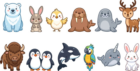 Cute cartoon polar animals set, arctic wildlife vector illustration, baby animal clipart collection © VectoStudio