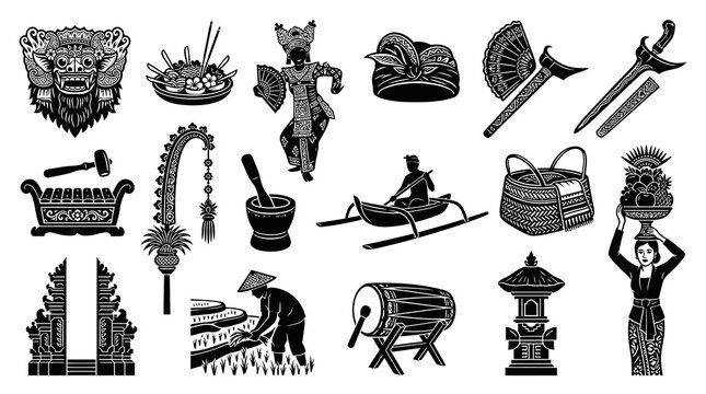 Balinese Cultural Symbols Black  White Vector Icons - Bali Art Style