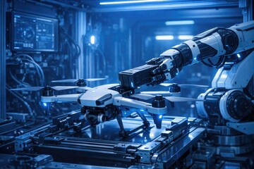 Fototapeta premium A robotic arm grasping a piece of machinery or device, suitable for industrial or technological scenes