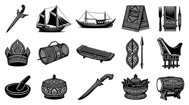 Traditional Southeast Asian Culture Icons Vector Set in Black and White Line Art Illustration Style