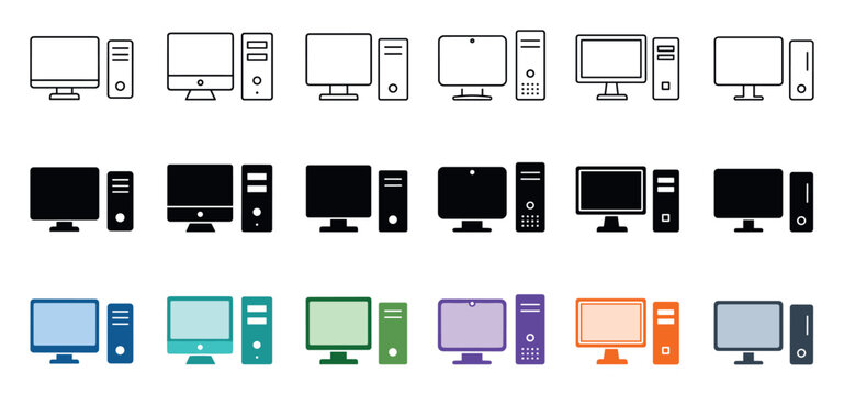Desktop computer icons with monitor and tower in three different design styles including outline, solid glyph, and colorful flat vector graphics for user interface design