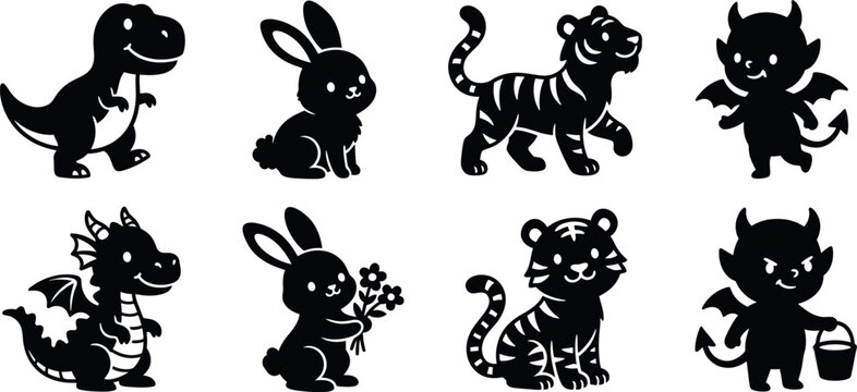 A collection of cute black silhouette icons featuring various characters including a dinosaur, rabbit, tiger, and a little devil, arranged in two neat rows.