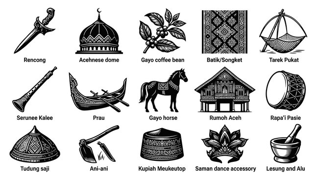 Acehnese Culture Icons - Traditional Indonesian Symbols in Monochrome Line Art Illustration