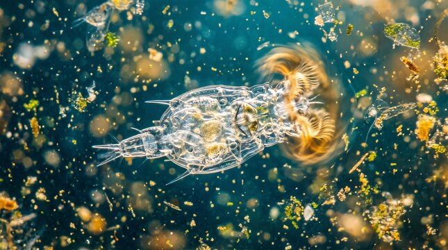 Microscopic view of a rotifer zooplankton swimming in water with algae particles