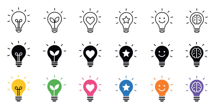 Light bulb vector icon set representing concepts such as ecology, love, success, happiness, and intelligence in outline, solid black, and colorful styles