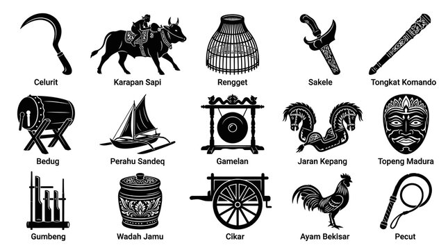 Indonesian Culture Glyph Icons Set: Traditional Heritage Symbols, Instruments, and Animals - Black and White Vector Art.