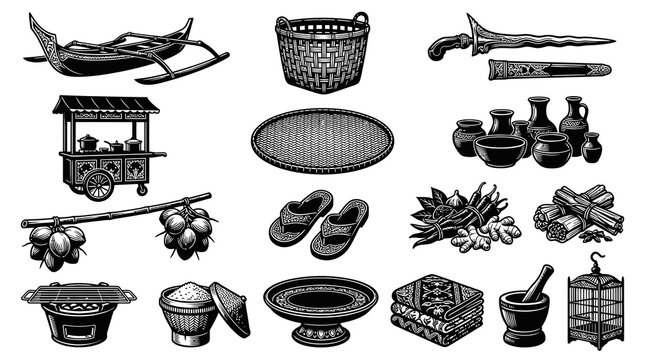 Traditional Asian Objects and Tools, Black and White Line Art Vector