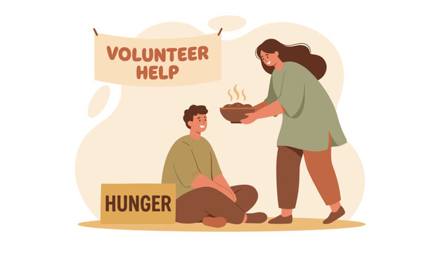 Kind female volunteer feeds a hungry homeless man with a bowl of warm food under a volunteer help banner.