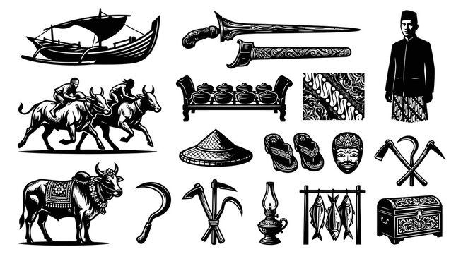 Vintage Indonesian Javanese Culture and Agriculture Black White Line Art Set with Traditional Icons
