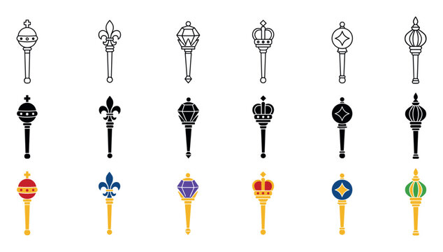 Royal scepter and mace vector icons in three different styles including outline, solid silhouette, and colorful flat designs representing medieval monarchy and authority