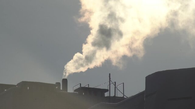 Dense white exhaust fumes rise from a city rooftop on a freezing morning. The sunlight illuminates the steam, creating a high-contrast view of urban emissions and the domestic energy consumption requi