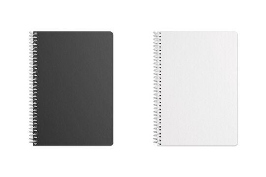 Realistic black and white spiral notebook isolated on white background. Art design clean spiral notepad blank mockup template.3d rendering