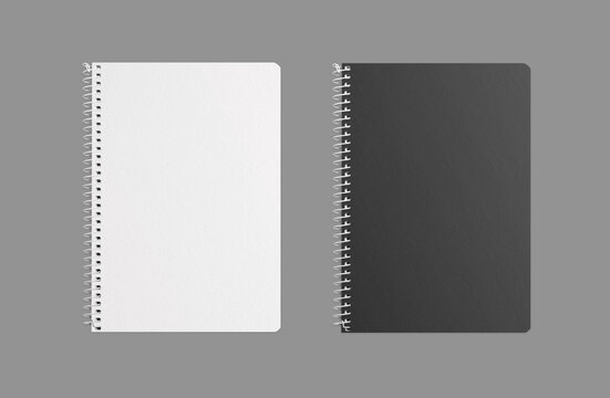 Realistic black and white spiral notebook isolated on white background. Art design clean spiral notepad blank mockup template.3d rendering