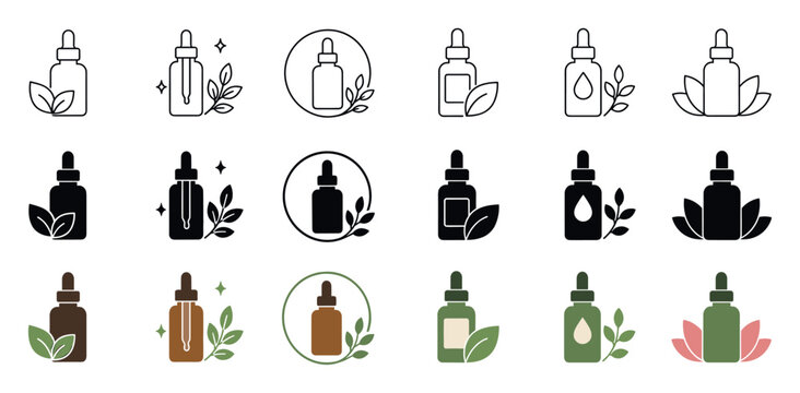Cosmetic serum dropper bottle icon set featuring natural herbal leaves in outline, solid, and colored styles for organic skincare branding