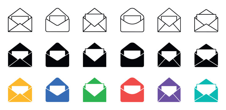 Envelope icons set for email and mail communication featuring open letters in outline, solid black, and colorful flat vector styles for digital interface design