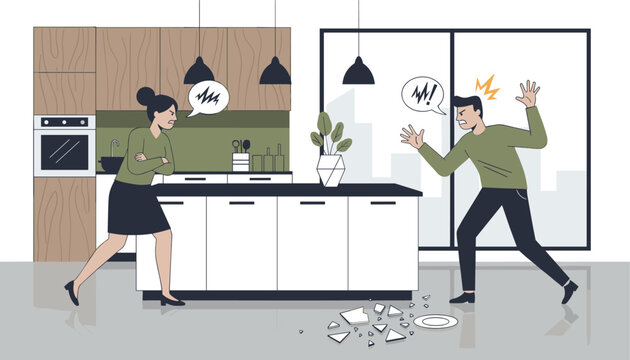 Angry husband and wife yelling at each other during a domestic argument in the kitchen with a broken plate on floor.