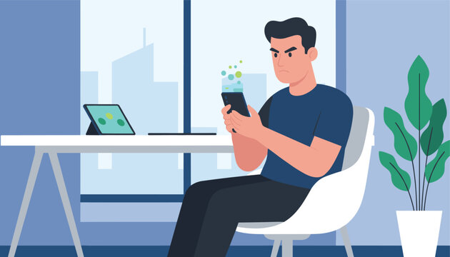 Furious man sitting in an office chair while looking at his smartphone with a frustrated facial expression.