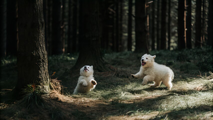 Fototapeta premium Two playful puppies running in a forest with tall trees 