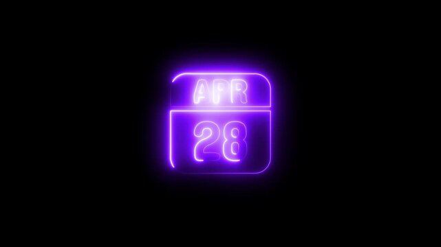 Glowing neon april 28 calendar date sign 4k animation video on black background 