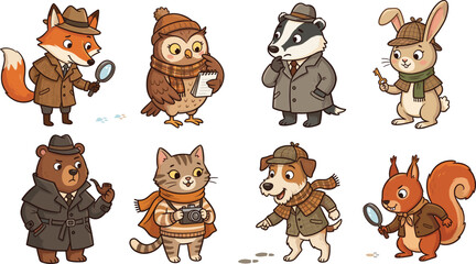 Fototapeta premium Cute cartoon detective animals vector set with fox, owl, bear, and dog