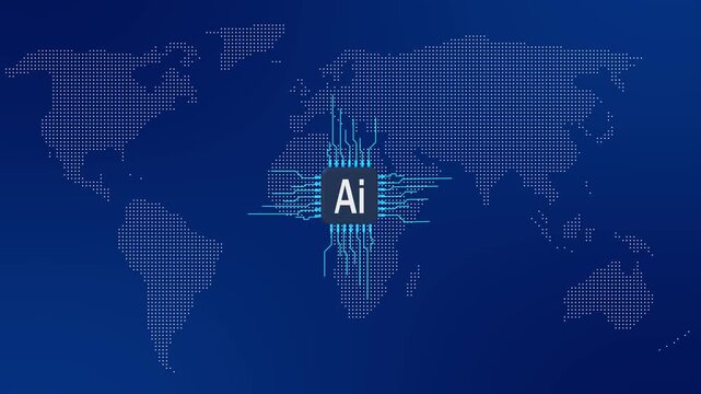World map made of dots with AI chip and circuit lines on blue background artificial intelligence animation