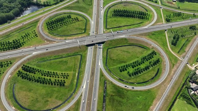 Highway cloverleaf junction with transport infrastructure in Europe