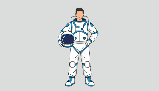 Proud male astronaut in a white space suit standing and holding his glass visor helmet under his arm.