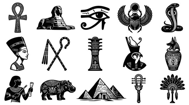 Ancient Egypt Black and White Line Art Vector Icons Set: Egyptian Mythology Symbols, Gods, and Artifacts