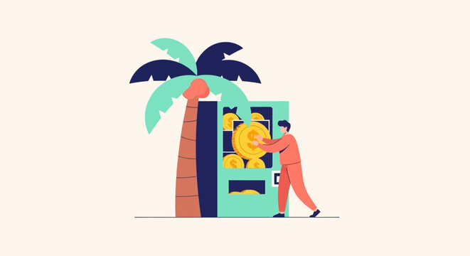 Person withdrawing money from an ATM machine under palm tree.
