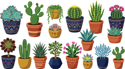 Potted Cactus and Succulent Vector Icon Set Featuring Aloe Haworthia Echeveria Jade Plant and Flowering Cacti for Houseplant Garden Boutique Web Design © MstManisha