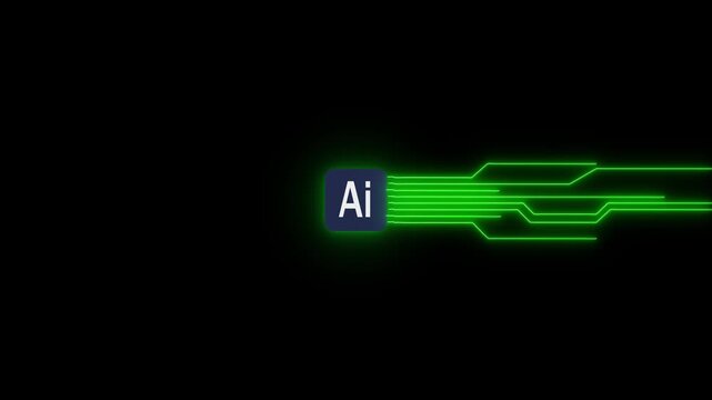AI chip icon with glowing green circuit board lines on a black background artificial intelligence animation