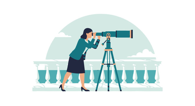 Woman using telescope on tripod for observation.