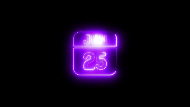 Glowing neon calendar june 25 date 4k animation video on black background 
